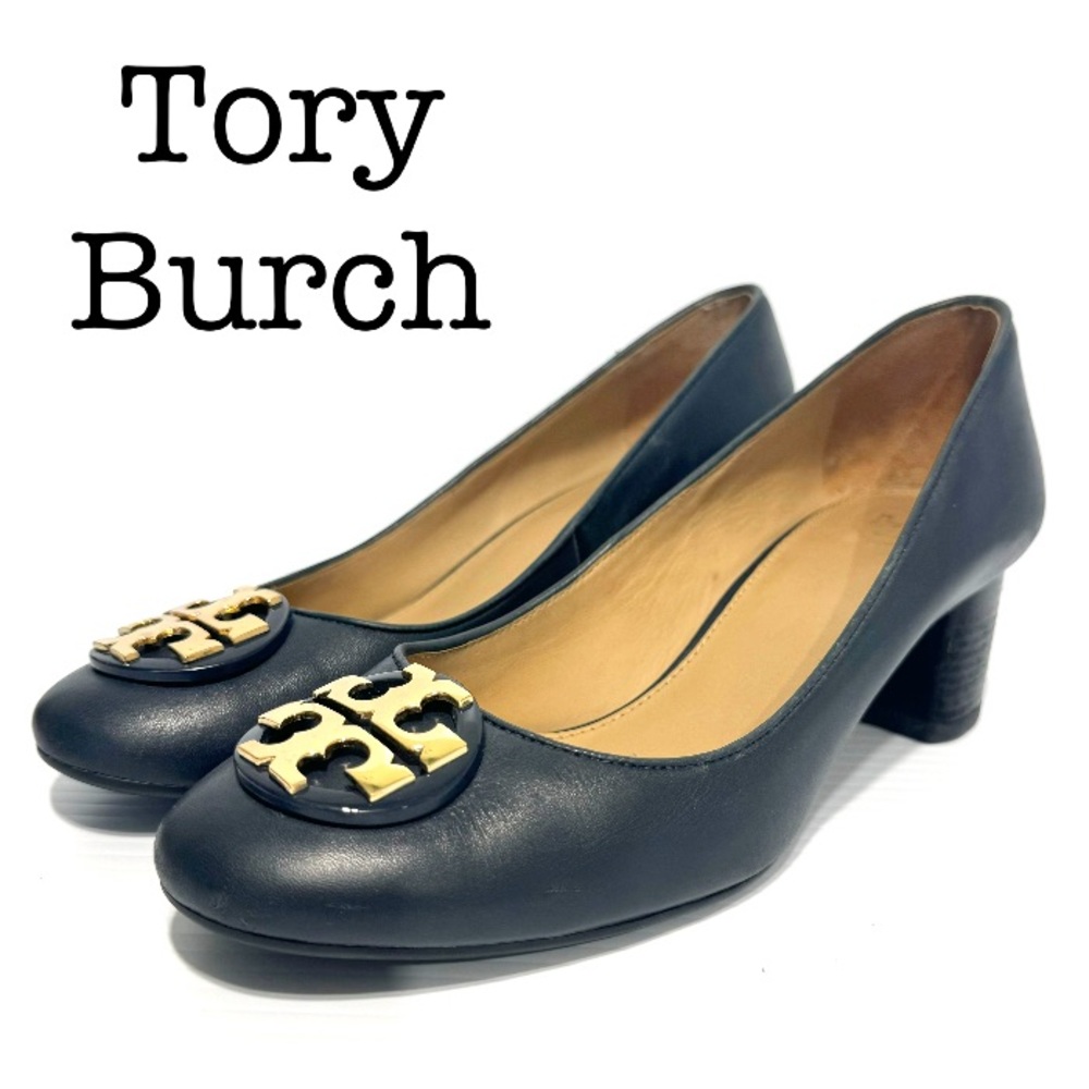 Tory Burch Janey Dark Navy Leather Logo Pumps Size 7